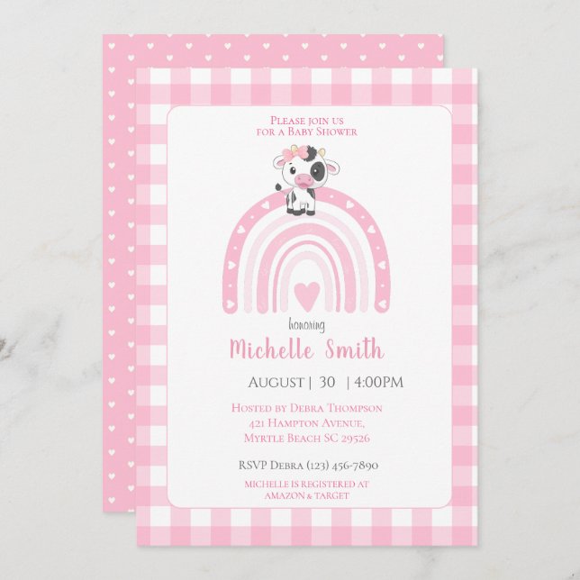 Niedliche Rainbow Hearts Pink Gingham Girls Einladung (Vorne/Hinten)