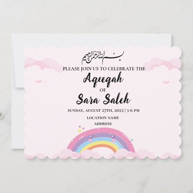 Niedliche Rainbow Muslim Aqiqah Girl Einladungskar Einladung (Vorderseite)