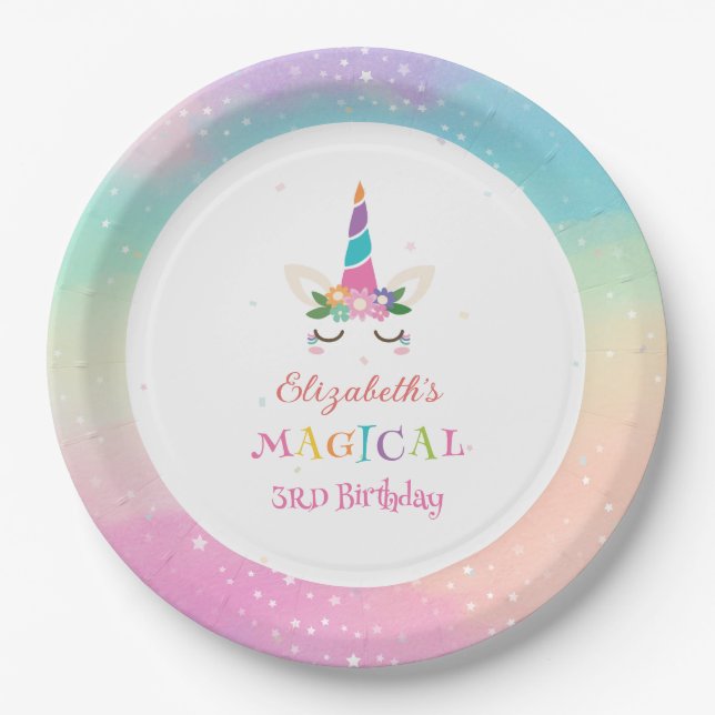 Niedliche Rainbow Unicorn Magical Birthday Party Pappteller (Vorderseite)