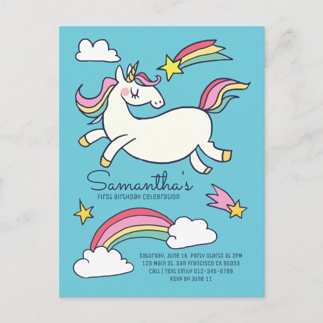 Niedliche Rainbow Unicorn Stars Einladung am Gebur (Vorderseite)