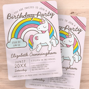 Niedliche Rainbow Unicorn Virtual Birthday Party Einladung