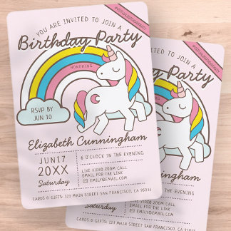Niedliche Rainbow Unicorn Virtual Birthday Party Einladung