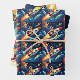Niedliche Raketen zum Geburtstag des Weltraumamtes Geschenkpapier Set