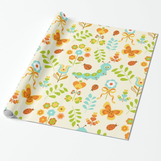 Niedliche Raupe und Blumen Geschenkpapier (Ungerollt)