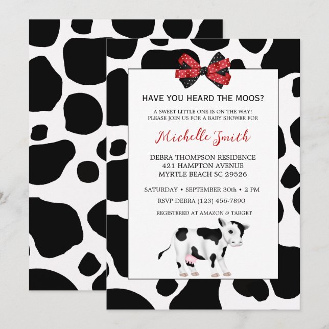 Niedliche Red and Black Cow Print Baby Dusche Einladung (Vorne/Hinten)