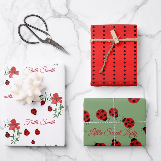 Niedliche Red & Black Ladybugs | Aquarellfarbene B Geschenkpapier Set (Vorderseite)