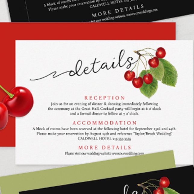 Niedliche Red Cherries Modern Script Wedding Detai Begleitkarte (Von Creator hochgeladen)