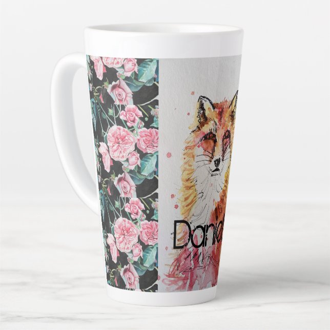 Niedliche Red Fox Animal Rose Aquarellfarbe Latte  Milchtasse (Linke Ecke)