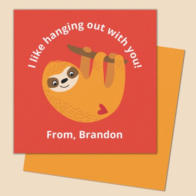 Niedliche Red Kids Slote Valentinstag Note Card Mitteilungskarte (A fun orange sloth valentines day mini 2.5x2.5" card Perfect for a classroom exhange.)