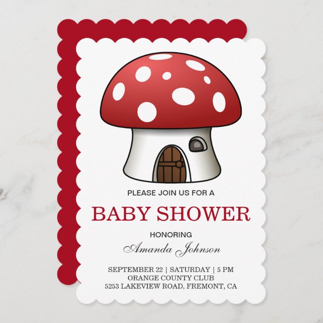 Niedliche Red Mushroom House Kinderdusche Einladun Einladung (Vorne/Hinten)