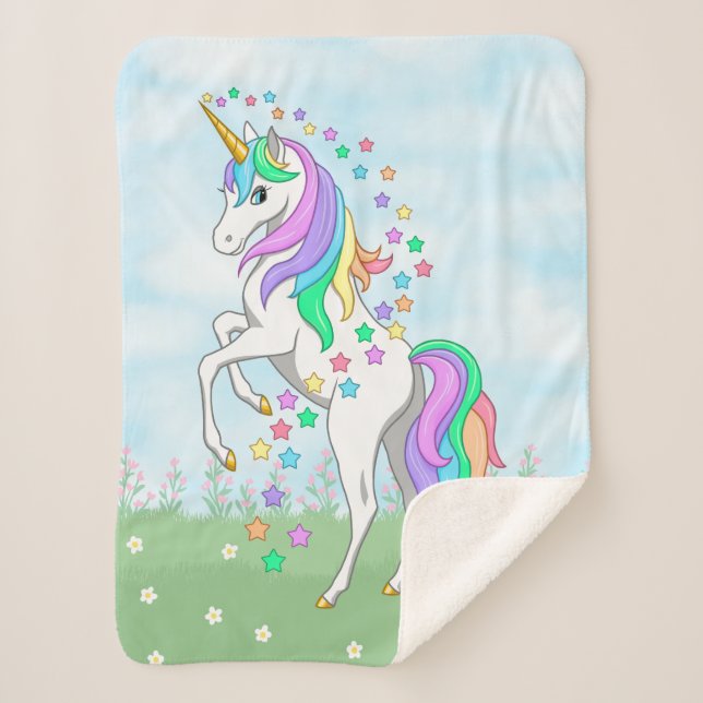 Niedliche Regenbogen Einhorn Farbige Sterne & Blum Sherpadecke (Vorderseite)