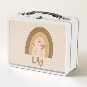 Niedliche Regenbogen Schmetterlinge Rosa Braun Boh Metall Brotdose