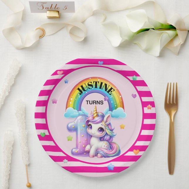 Niedliche Regenbogen und Einhorn 1. Geburtstag Pappteller (Hochzeit)