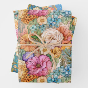 Niedliche Regenbogen und Florals Wasserfarbe Geschenkpapier Set