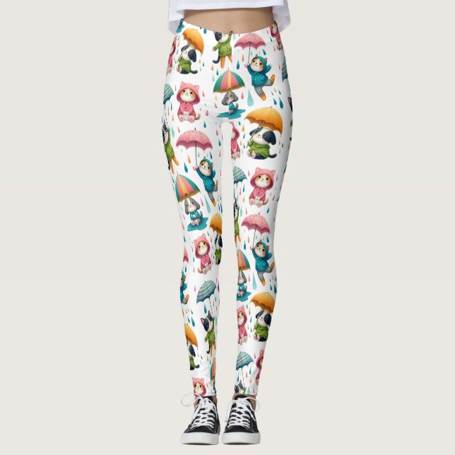 Niedliche Regenkatzen und Hunde mit Regenschirmen Leggings (Vorderseite)