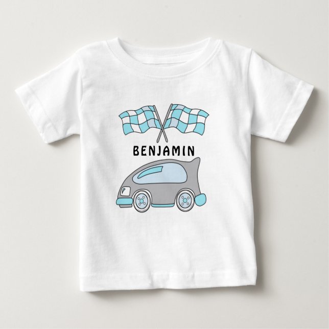 Niedliche Rennwagen und Flaggen Babyname Baby T-shirt (Vorderseite)