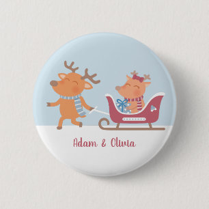 Niedliche Rentier Pulls Sleigh Weihnachtszeit Button