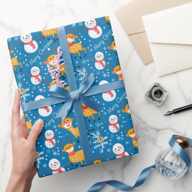 Niedliche Rentier und Snowman Blue Geschenkpapier (Schenken)