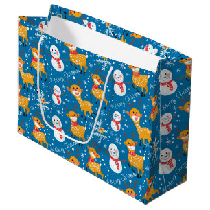 Niedliche Rentier und Snowman Blue Große Geschenktüte