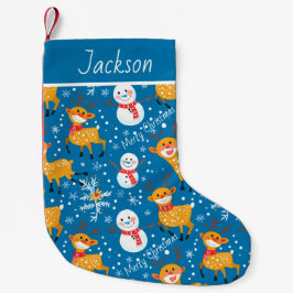 Niedliche Rentier und Snowman Blue Kleiner Weihnachtsstrumpf