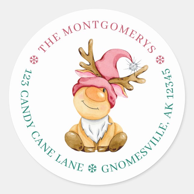 Niedliche Rentier Weihnachts-Gnome-Rücksendeadress Runder Aufkleber (Vorderseite)