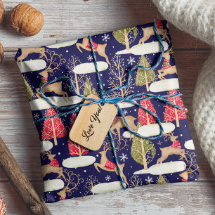 Niedliche Rentiere Weihnachtsbäume blau Geschenkpapier
