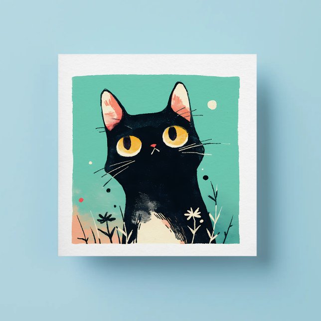 Niedliche Retro Black Cat auf blauem Hintergrund Quadratischer Aufkleber (Von Creator hochgeladen)