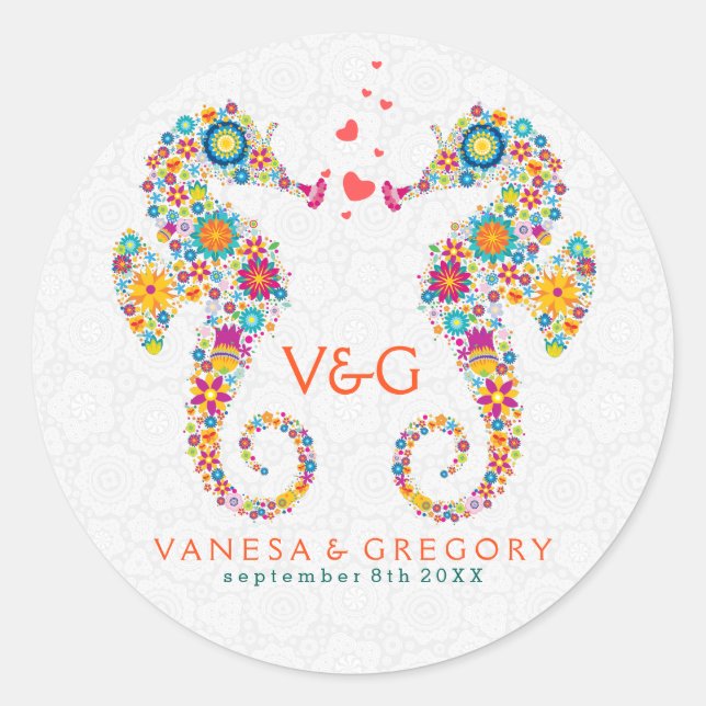 Niedliche Retro-Blume Liebe Seepferde Runder Aufkleber (Vorderseite)