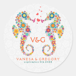 Niedliche Retro-Blume Liebe Seepferde Runder Aufkleber