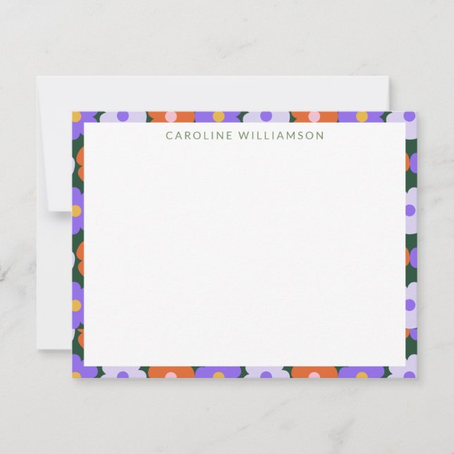 Niedliche Retro-Blume Lila Personalisierter grüner Mitteilungskarte (Vorderseite)