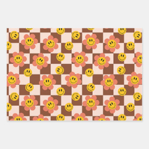 Niedliche Retro-Checkerboard-Muster mit Blume Geschenkpapier Set
