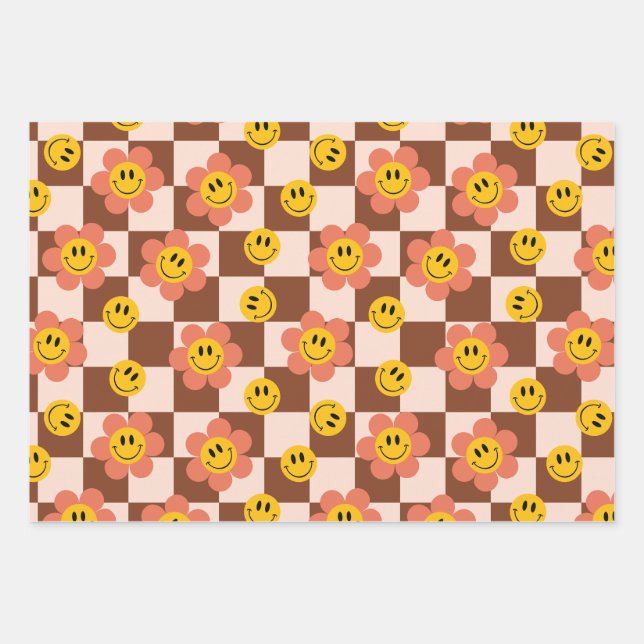 Niedliche Retro-Checkerboard-Muster mit Blume Geschenkpapier Set (Vorderseite)