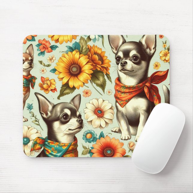 Niedliche Retro Chihuahua Illustration Mousepad (Mit Mouse)