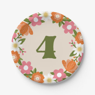 Niedliche Retro-Floral 4   Mädchen Vierten Geburts Pappteller