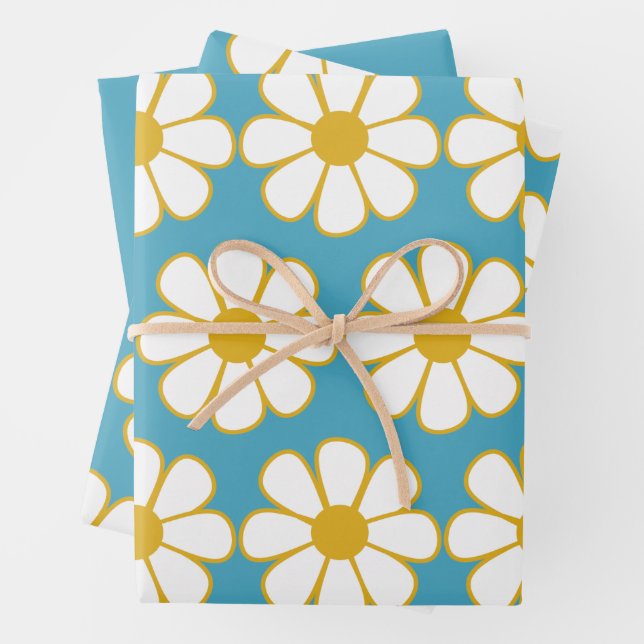 Niedliche Retro floral Daisy Muster Mustard und Bl Geschenkpapier Set (Beispiel)