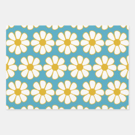 Niedliche Retro floral Daisy Muster Mustard und Bl Geschenkpapier Set