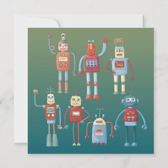 niedliche Retro Fun Robots Greetings Card im Stil  (Vorderseite)