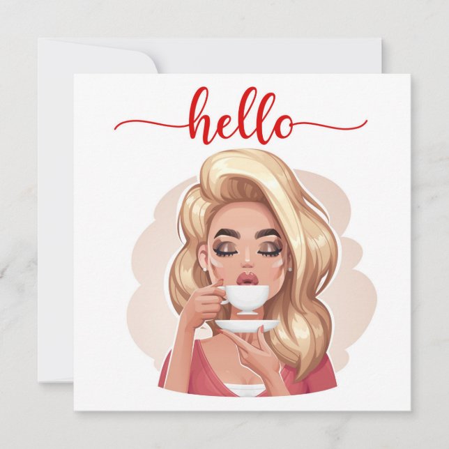 Niedliche Retro Girl Blonde Flat Hello Card (Vorderseite)