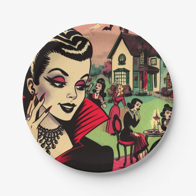 Niedliche Retro Goth Vampire Comic Pappteller (Vorderseite)