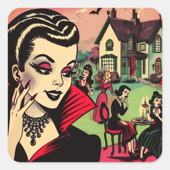Niedliche Retro Goth Vampire Comic Quadratischer Aufkleber (Vorderseite)