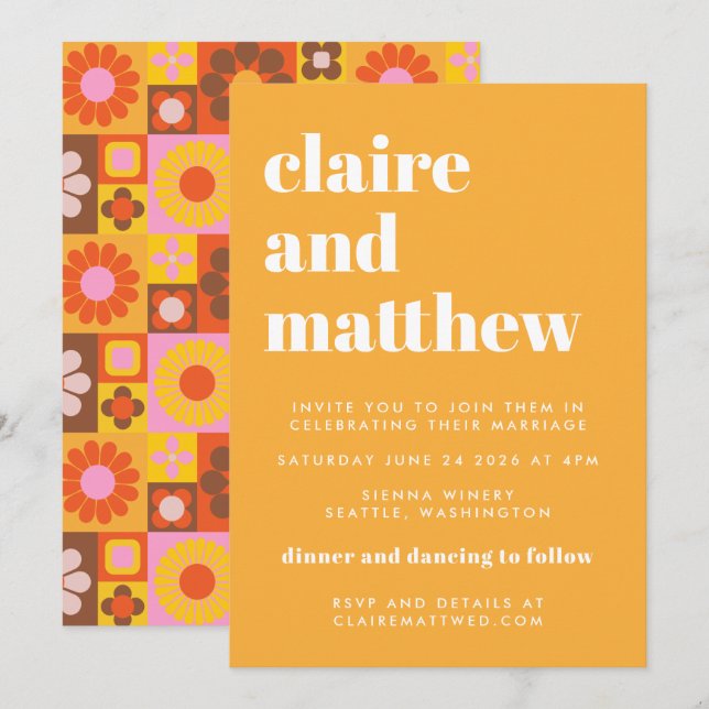 Niedliche Retro Groovy Geometric Yellow Bold Weddi Einladung (Vorne/Hinten)