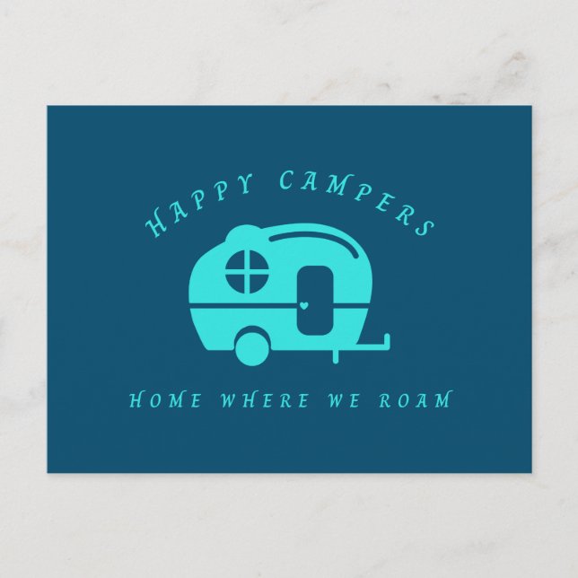 Niedliche Retro Happy Campers Zuhause, wo wir Roam Postkarte (Vorderseite)