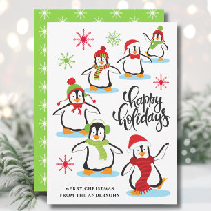 Niedliche Retro Happy Holidays Pinguine grün Feiertagskarte