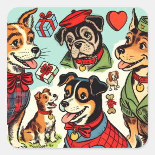 Niedliche Retro Hunde Comicen Quadratischer Aufkleber