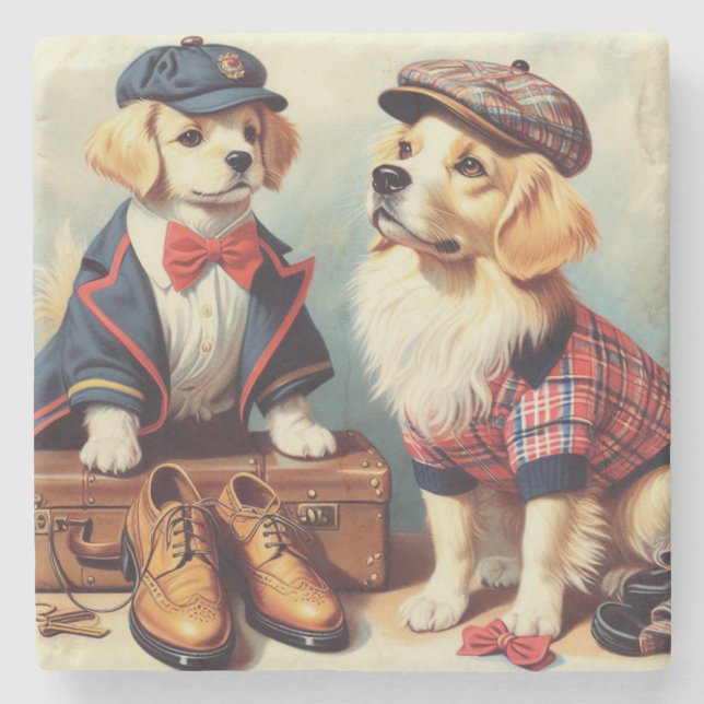 Niedliche Retro-Hunde Ölgemälde Steinuntersetzer (Vorderseite)