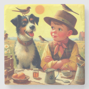 Niedliche Retro-Hunde und Kindermalerei Steinuntersetzer