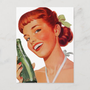 Niedliche Retro junge Frau mit Pop-Flasche Postkarte