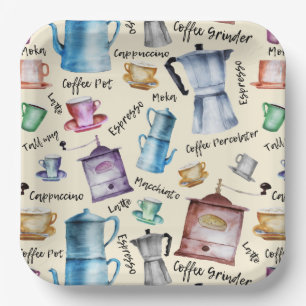 Niedliche Retro-Kaffeemaschinen mit Wasserfarbe Pappteller
