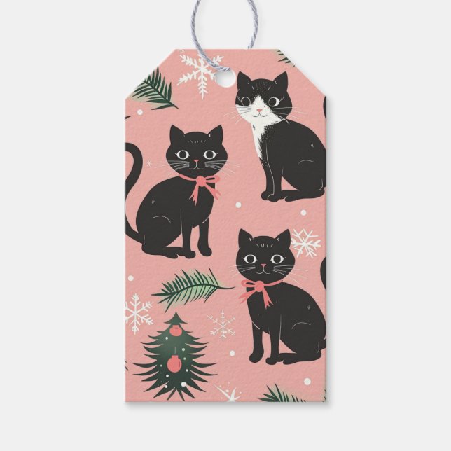 Niedliche Retro-Katzen auf rosa Weihnachten Geschenkanhänger (Vorderseite)