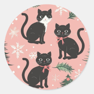 Niedliche Retro-Katzen auf rosa Weihnachten Runder Aufkleber